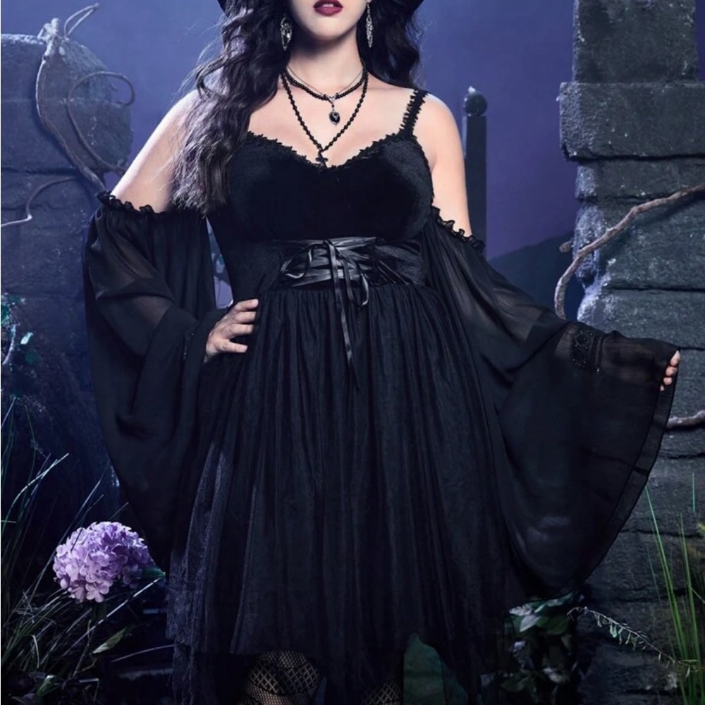 SHEIN Black Gothic Off-Shoulder Lace-Up Dress